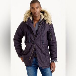 J. Crew Men's Dark Jacket with Faux Fur Trim